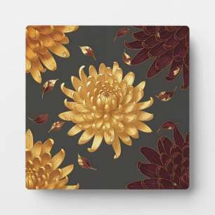 Luxury Gold Chrysanthemum Burgundy Floral Pattern Plaque