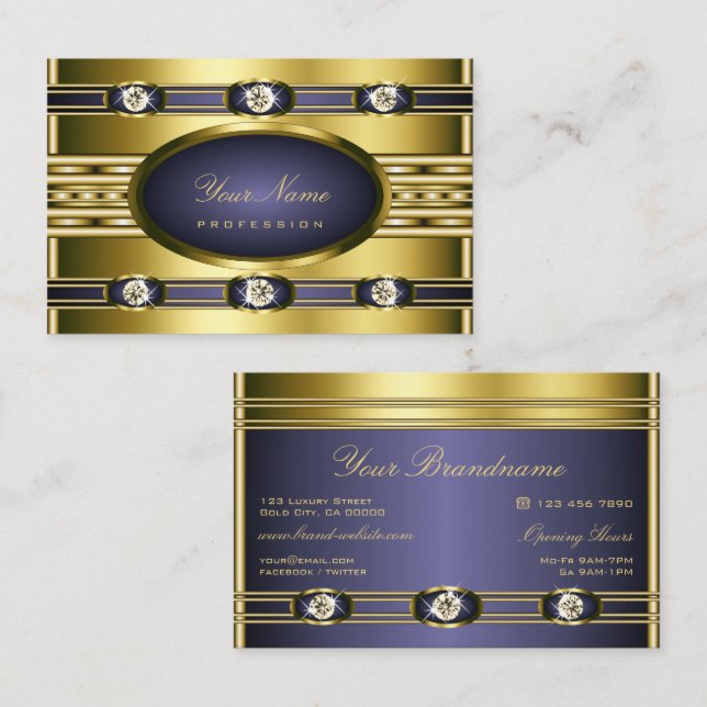 Luxury Gold Colours with Blue and Faux Rhinestones Business Card (Front/Back)