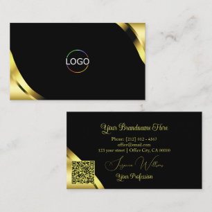Luxury Gold Corners on Black with Logo and QR Code Business Card