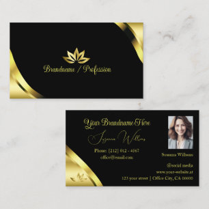 Luxury Gold Corners on Black with Petals and Photo Business Card