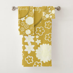 LUXURY GOLD CREAM FLOWER CUSTOM MONOGRAM FLORAL BATH TOWEL SET