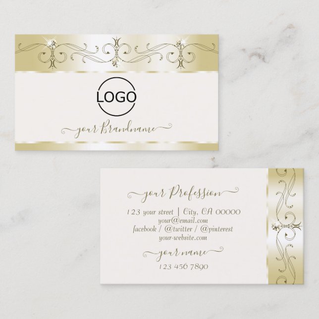 Luxury Gold Cream Ornate Sparkling Jewels Add Logo Business Card (Front/Back)