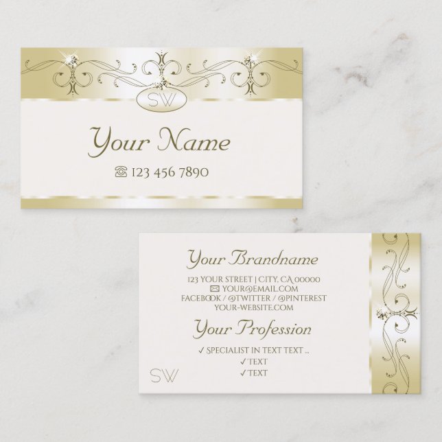 Luxury Gold Cream Ornate Sparkling Jewels Initials Business Card (Front/Back)