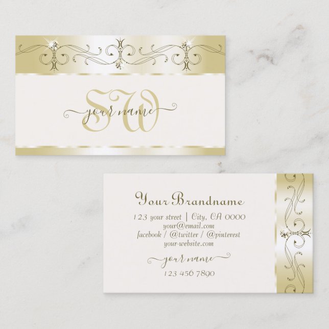 Luxury Gold Cream Ornate Sparkling Jewels Monogram Business Card (Front/Back)