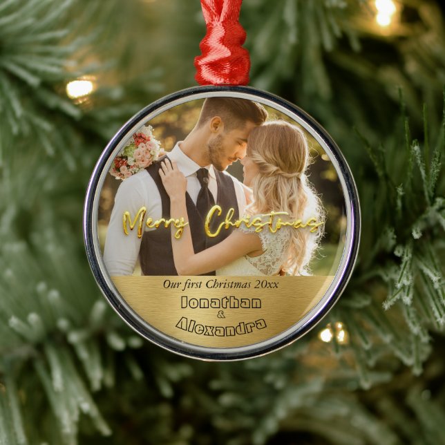 Luxury gold Cute couple photo First Christmas Metal Tree Decoration (Tree)