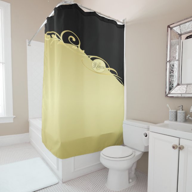 Luxury gold decorative on gold & black, Monogram Shower Curtain (In Situ)