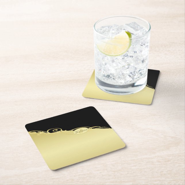 Luxury gold decorative on gold & black, Monogram Square Paper Coaster (Insitu)