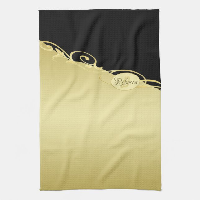 Luxury gold decorative on gold & black, Monogram Tea Towel (Vertical)