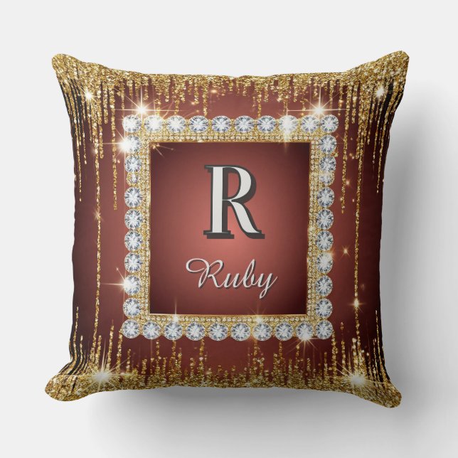 Luxury Gold Diamond Frame Monogram Square Glitter Cushion (Front)