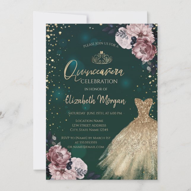 Luxury Gold Dress,Diamonds,Flowers Quinceañera Invitation (Front)