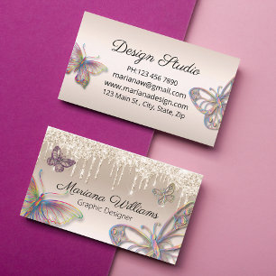 luxury gold dripping glitters rainbow butterflies business card