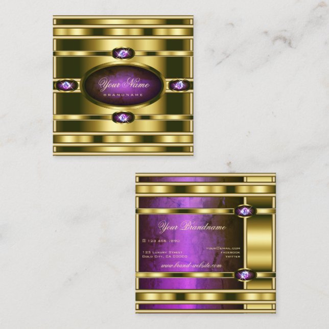 Luxury Gold Effect with Dark Purple Marble Pattern Square Business Card (Front/Back)