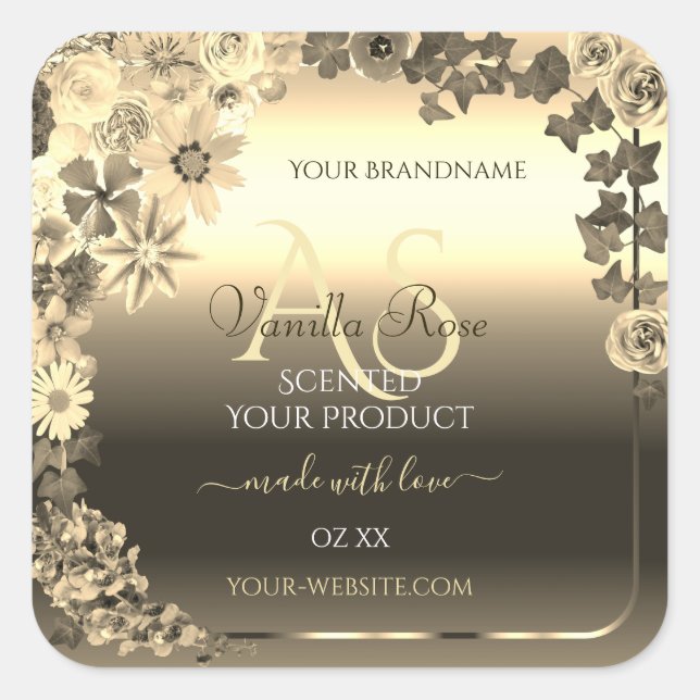 Luxury Gold Elegant Floral Product Labels Monogram (Front)