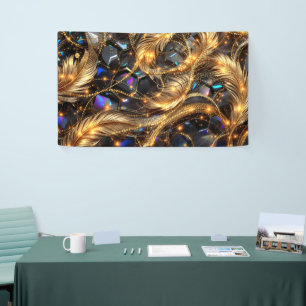 Luxury Gold Feathers and Gemstone Sparkle Pattern Banner