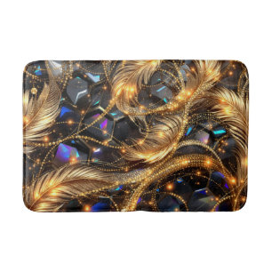 Luxury Gold Feathers and Gemstone Sparkle Pattern Bath Mat