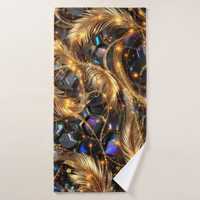 Luxury Gold Feathers and Gemstone Sparkle Pattern Bath Towel (Bath Towel)