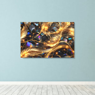 Luxury Gold Feathers and Gemstone Sparkle Pattern Canvas Print