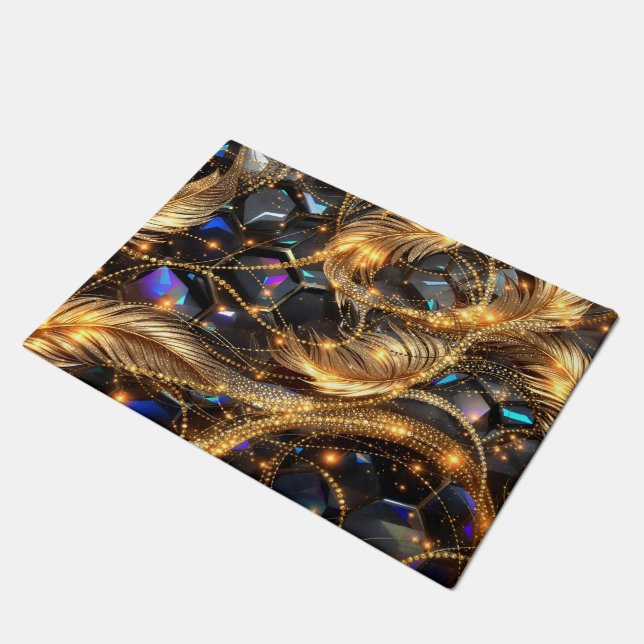 Luxury Gold Feathers and Gemstone Sparkle Pattern Doormat (Angled)