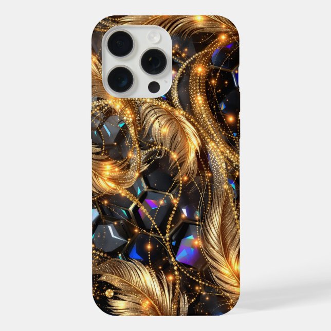 Luxury Gold Feathers and Gemstone Sparkle Pattern iPhone Case (Back)