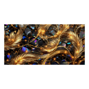 Luxury Gold Feathers and Gemstone Sparkle Pattern Poster