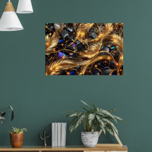 Luxury Gold Feathers and Gemstone Sparkle Pattern Poster
