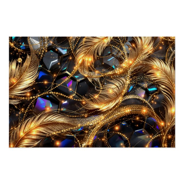 Luxury Gold Feathers and Gemstone Sparkle Pattern Poster (Front)