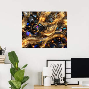 Luxury Gold Feathers and Gemstone Sparkle Pattern Poster