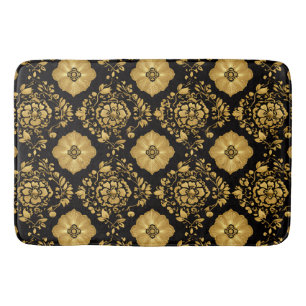 Luxury Gold Floral Damask Pattern On Black Bath Mat