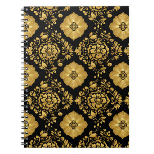 Luxury Gold Floral Damask Pattern On Black Notebook