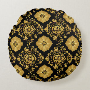 Luxury Gold Floral Damask Pattern On Black Round Cushion
