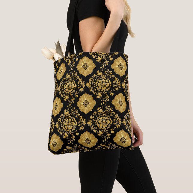 Luxury Gold Floral Damask Pattern On Black Tote Bag (Close Up)