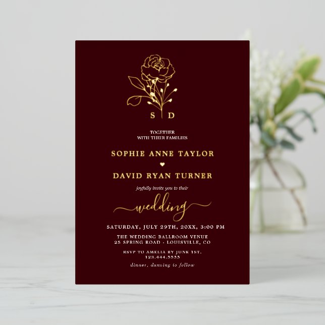 Luxury Gold Floral Deep Burgundy Monogram Wedding (Standing Front)