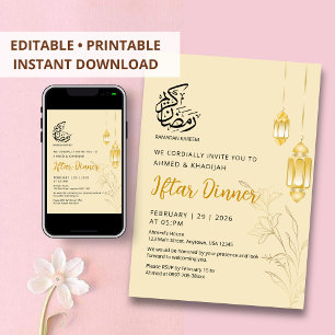 Luxury Gold Floral & Elegant Lanterns Iftar Dinner Invitation