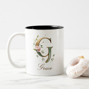 Luxury Gold Floral Initial G Two-Tone Coffee Mug