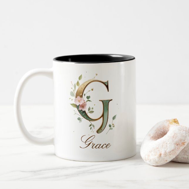Luxury Gold Floral Initial G Two-Tone Coffee Mug (With Donut)
