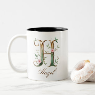 Luxury Gold Floral Initial H Two-Tone Coffee Mug