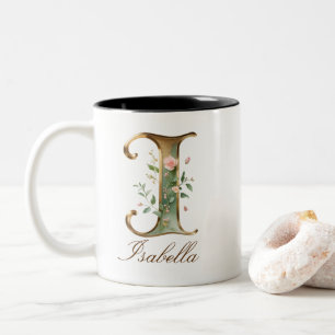 Luxury Gold Floral Initial I Two-Tone Coffee Mug