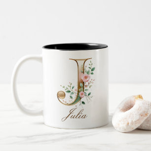 Luxury Gold Floral Initial J Two-Tone Coffee Mug