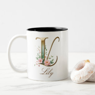 Luxury Gold Floral Initial L Two-Tone Coffee Mug