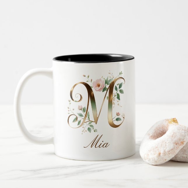 Luxury Gold Floral Initial M Two-Tone Coffee Mug (With Donut)