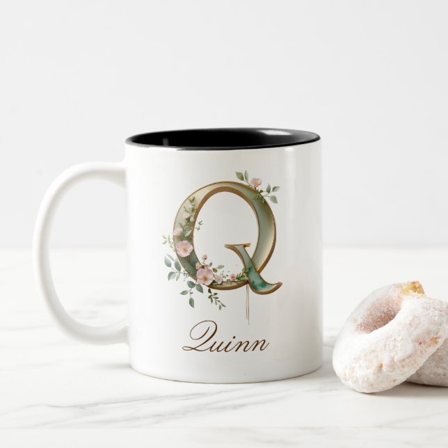 Luxury Gold Floral Initial Q Two-Tone Coffee Mug (With Donut)