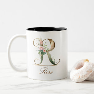 Luxury Gold Floral Initial R Two-Tone Coffee Mug