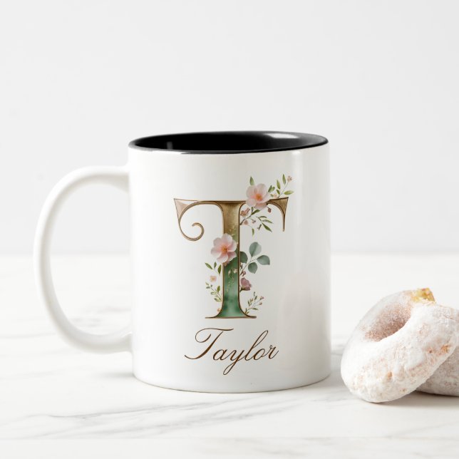 Luxury Gold Floral Initial T Two-Tone Coffee Mug (With Donut)