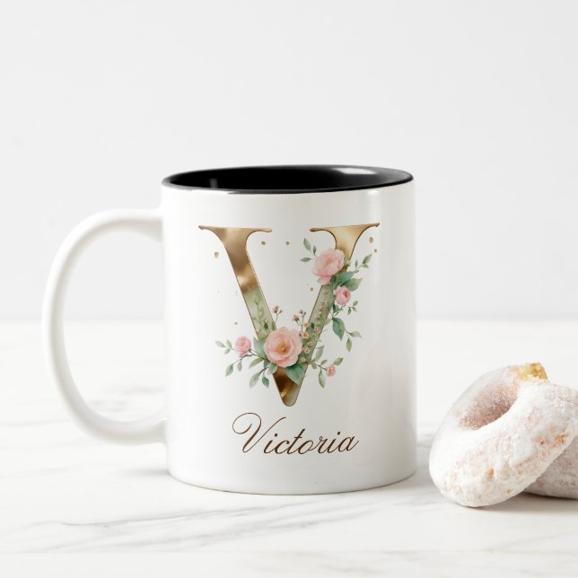 Luxury Gold Floral Initial V Two-Tone Coffee Mug (With Donut)