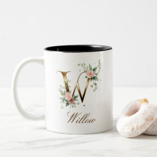 Luxury Gold Floral Initial W Two-Tone Coffee Mug