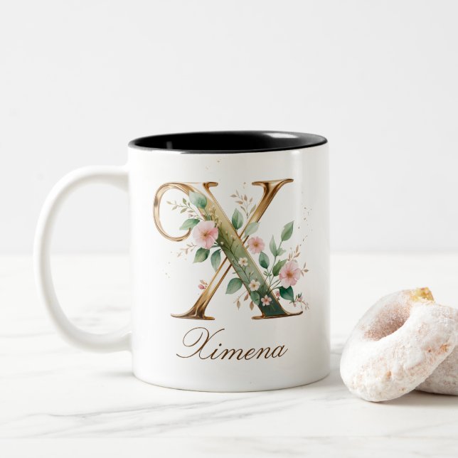 Luxury Gold Floral Initial X Two-Tone Coffee Mug (With Donut)