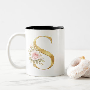 Luxury Gold Floral Letter S Monogram Two-Tone Coffee Mug