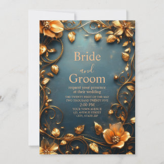 Luxury Gold Floral  on Elegant Teal Background Invitation