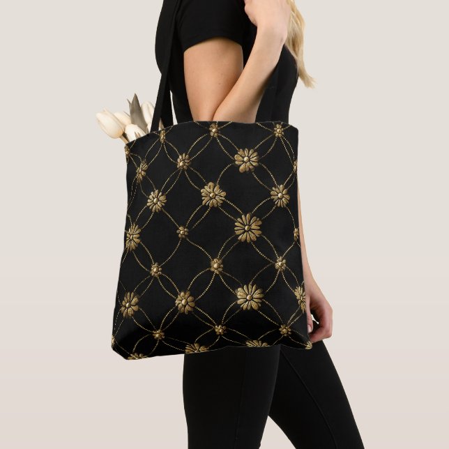 Luxury Gold Floral Pattern on a Black Background Tote Bag (Close Up)