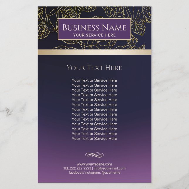 Luxury Gold Floral Pattern Purple Salon & Spa Flyer (Front)